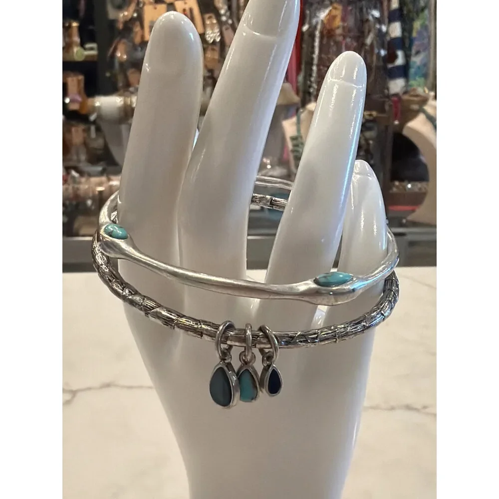 Lucky Brand Bangle Set Silver Faux Turquoise Charm Bracelets One Size